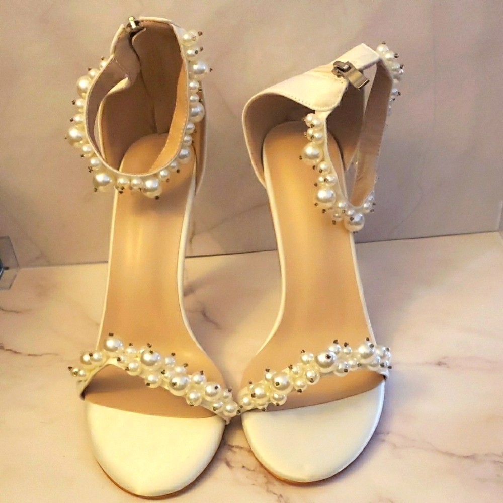 White Satin Pearl Embellished Ankle Strap Heels Size 9.5